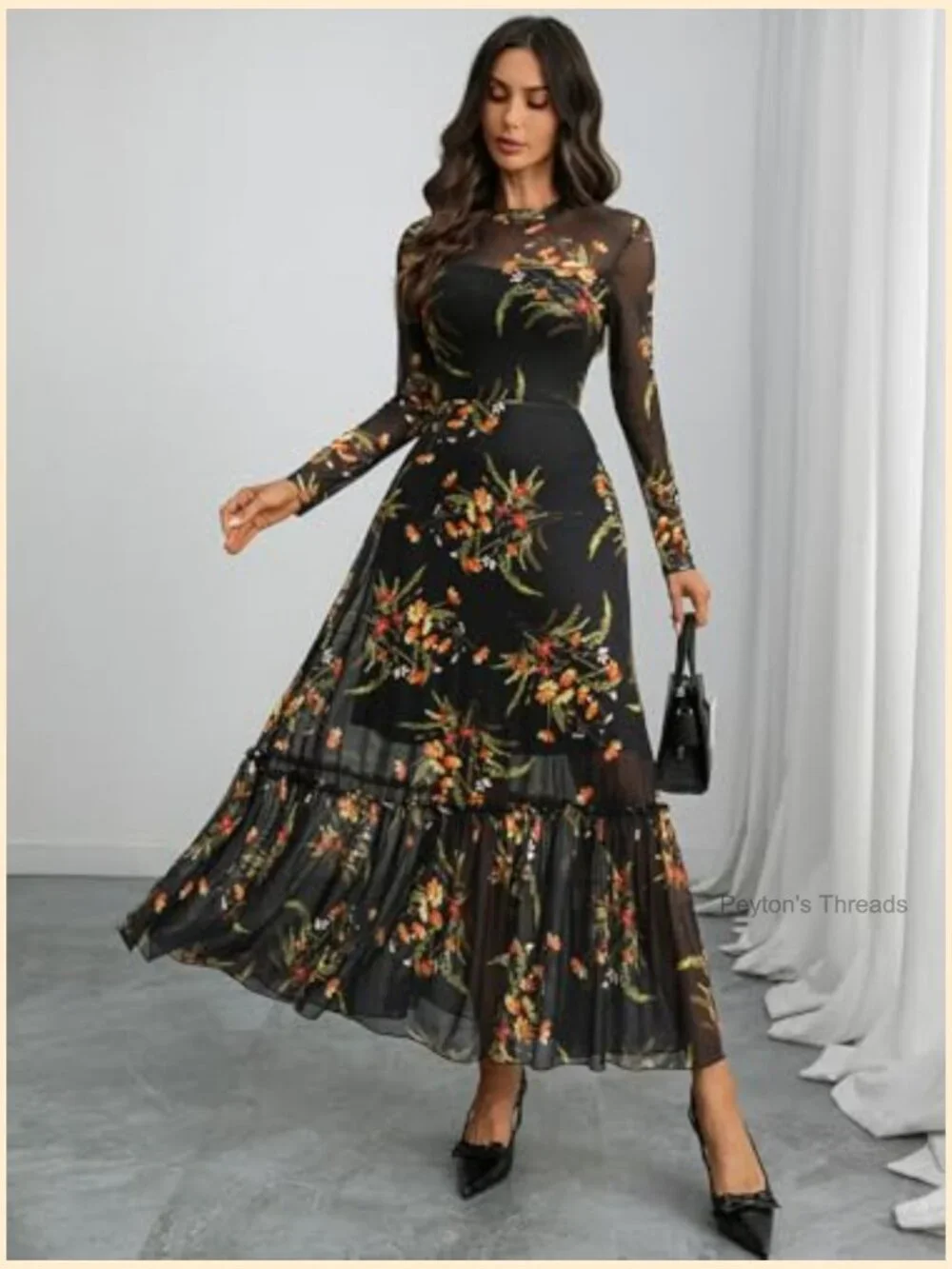 Floral Mesh Maxi Dress Long Sleeve A Line Ruffle Hem Wedding Guest - Picture 3 of 7